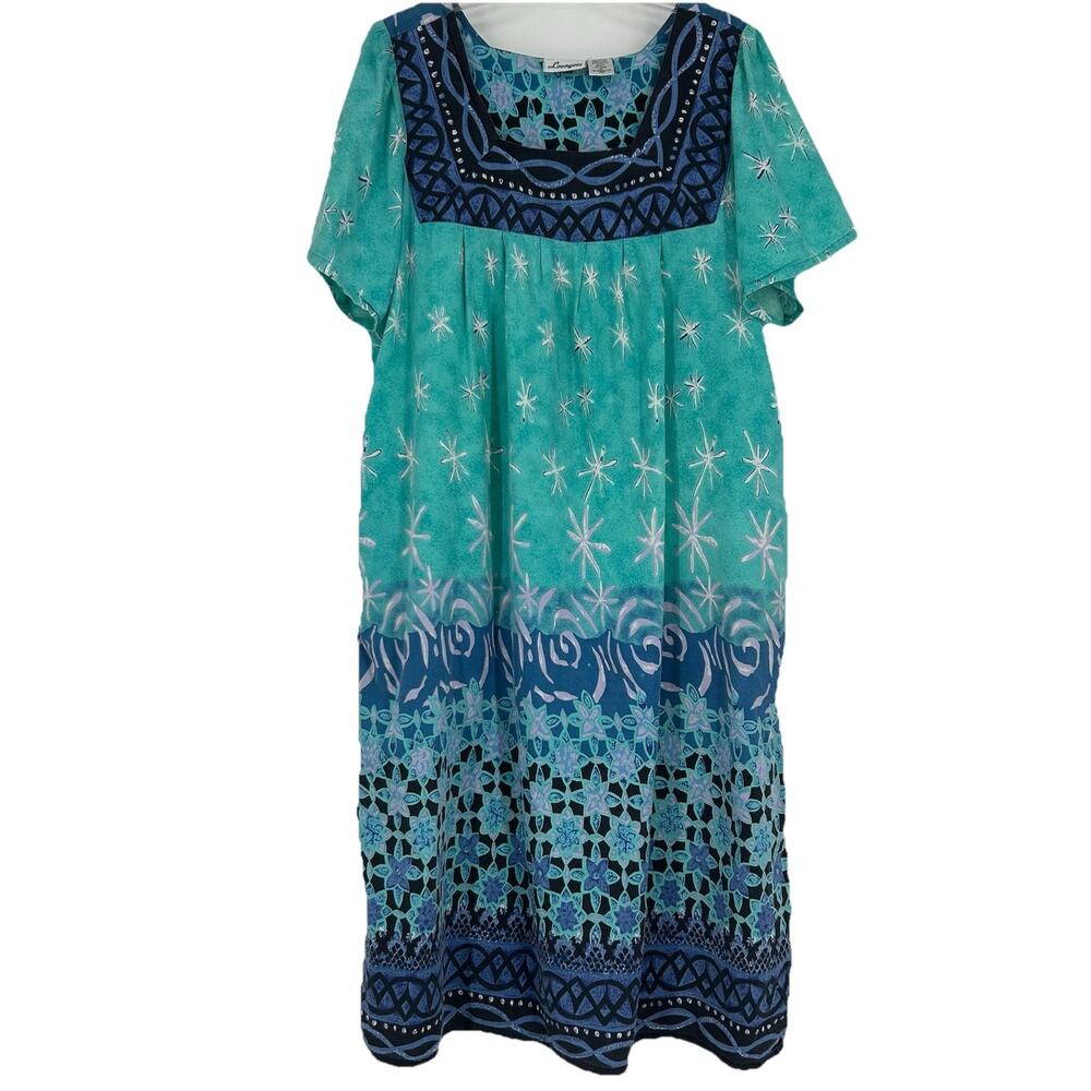 Vintage Loungees House Dress Muumuu Patio Green Blue Floral Pockets Size 2X